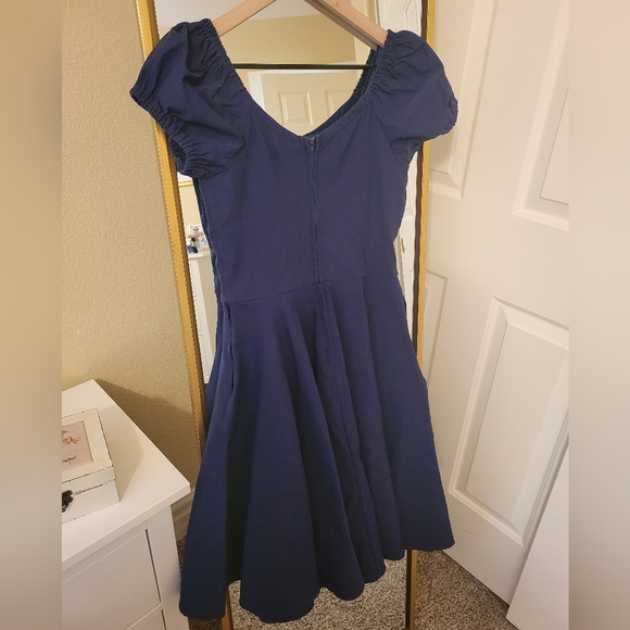 Vixen by Micheline Pitt Peasant Swing Dress in Navy Blue size M, missing belt - Picture 2 of 6